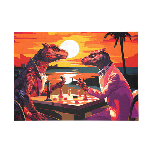 Dino Duel at Dusk: A Sunset Chess Challenge Jigsaw Puzzle - Puzzle - Peatsy Puzzles
