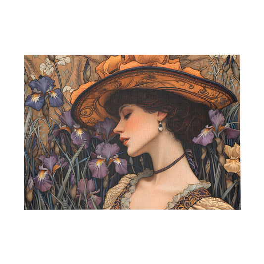 Elegance Amidst Irises An Art Nouveau Reverie Jigsaw Puzzle - Puzzle - Peatsy Puzzles