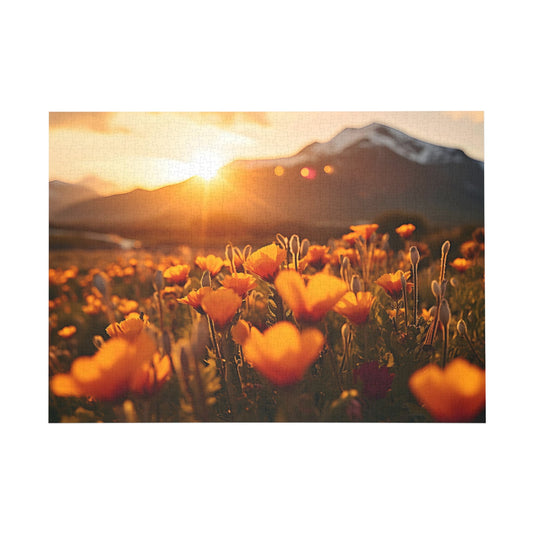 Golden Sunset Serenade: Vibrant Wildflowers & Majestic Mountain Vistas - Peatsy