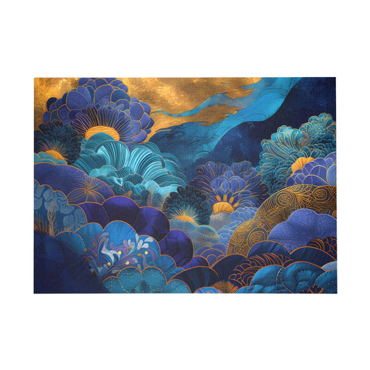 Golden Waves and Azure Blooms Jigsaw Puzzle - Peatsy