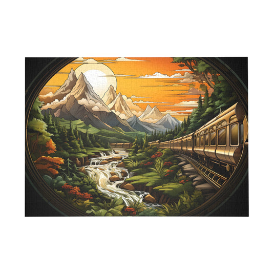 Majestic Mountain Express: Sunset Rail Journey Jigsaw Puzzle - Peatsy