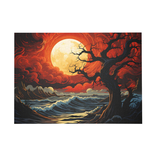 Mystic Twilight: A Fiery Sky and Ocean Waves Jigsaw Puzzle - Peatsy