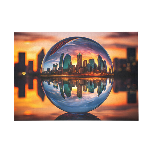 Reflected Glory: Skyline at Sunset Through a Crystal Sphere Jigsaw Puzzle - Peatsy