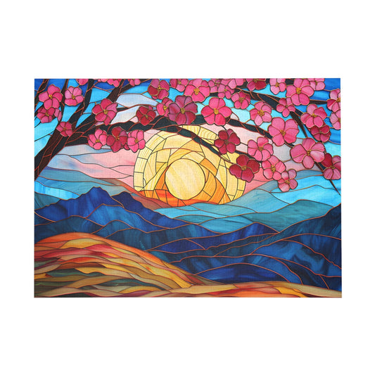 Stained Glass Cherry Blossoms at Sunrise Jigsaw Puzzle - Peatsy