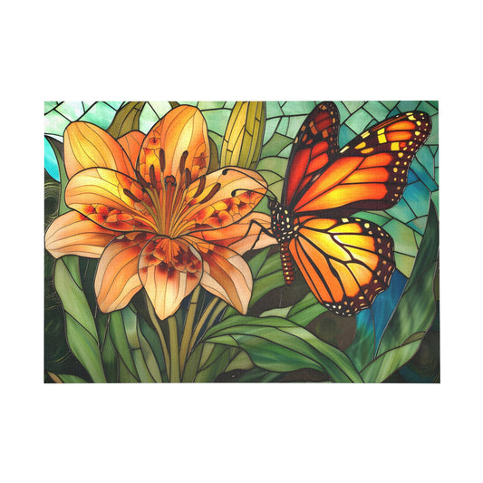 Stained Glass Garden Lilies and Monarch Butterfly Jigsaw Puzzle - Peatsy