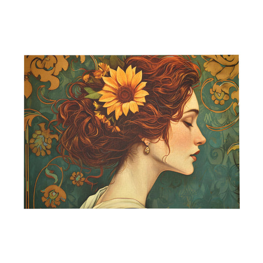 Sunflower Serenade An Art Nouveau Portrait Jigsaw Puzzle - Peatsy