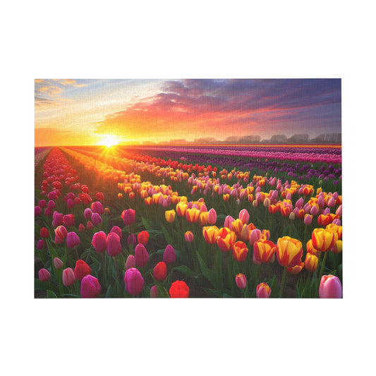 Sunrise Splendor over Tulip Fields Jigsaw Puzzle - Peatsy